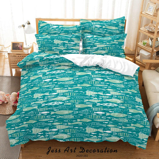 3D Cartoon Hand Drawn Ocean Fish Pattern Blue Quilt Cover Set Bedding Set Duvet Cover Pillowcases LXL