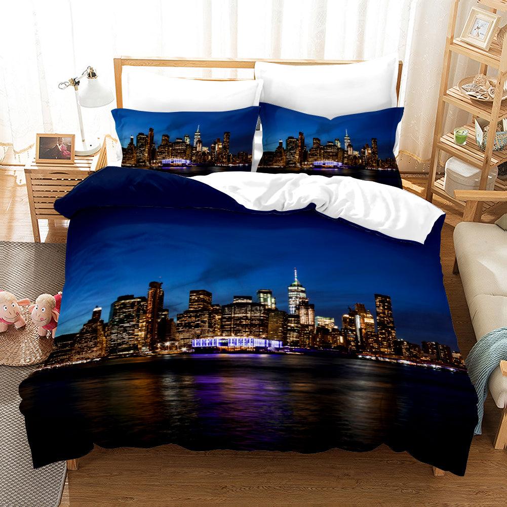 3D Blue City Building Night River Quilt Cover Set Bedding Set Pillowcases 21