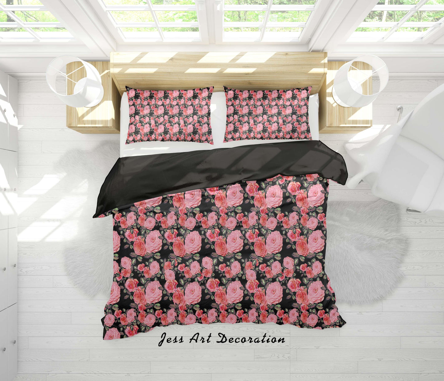3D Black Red Flowers Quilt Cover Set Bedding Set Duvet Cover Pillowcases SF86