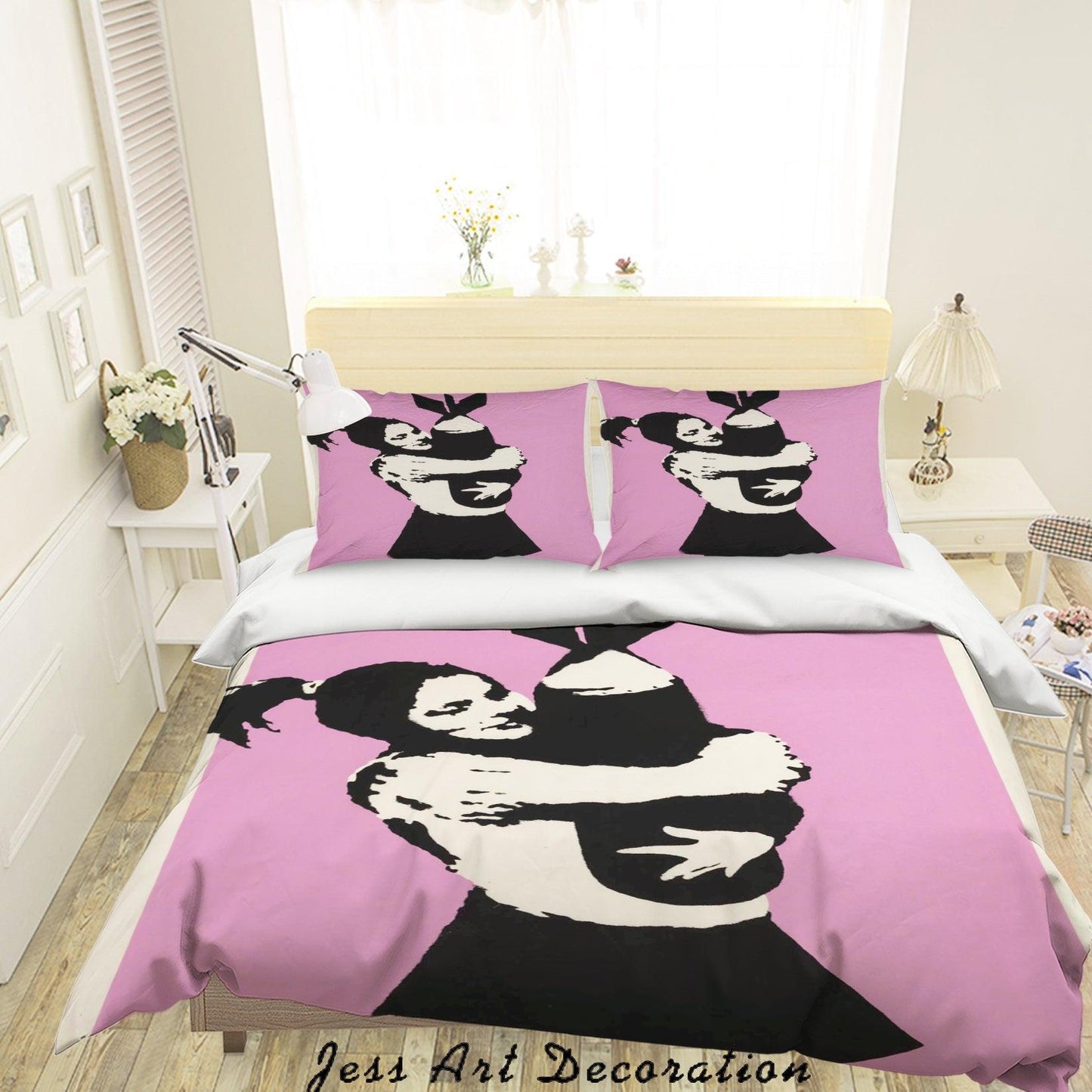 3D Banksy Bomb Hugger Girl Pink Background Quilt Cover Set Bedding Set Pillowcasesn  ZY D8