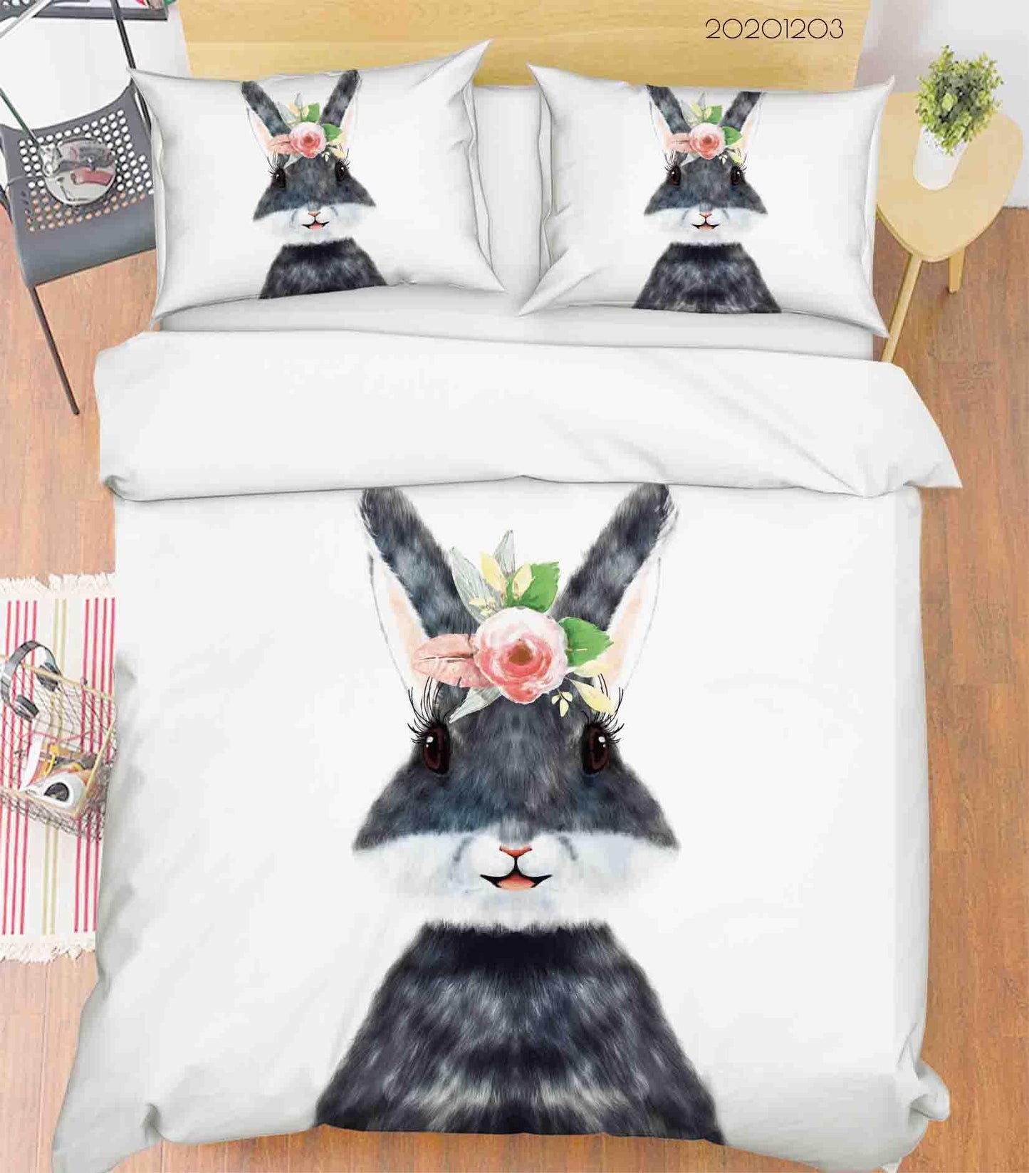 3D Cartoon Hand Drawn Pink Rose Floral Grey Bunny Animal Quilt Cover Set Bedding Set Duvet Cover Pillowcases LXL