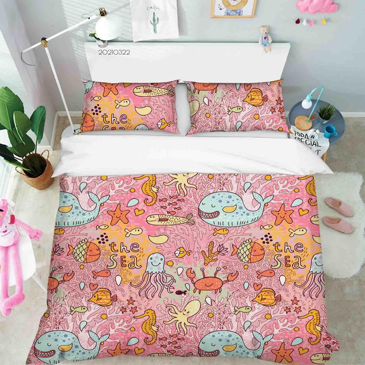 3D Cartoon Pink Sealife Quilt Cover Set Bedding Set Duvet Cover Pillowcases 27 LQH