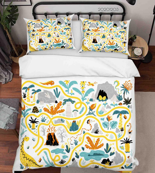 3D Cartoon Hand Drawn Colorful Dinosaur Plant Illustration Animal Quilt Cover Set Bedding Set Duvet Cover Pillowcases LXL