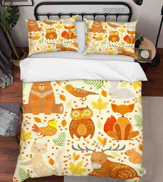 3D Cartoon Hand Drawn Colorful Owl Bear Bird Cat Animal Plant Quilt Cover Set Bedding Set Duvet Cover Pillowcases LXL
