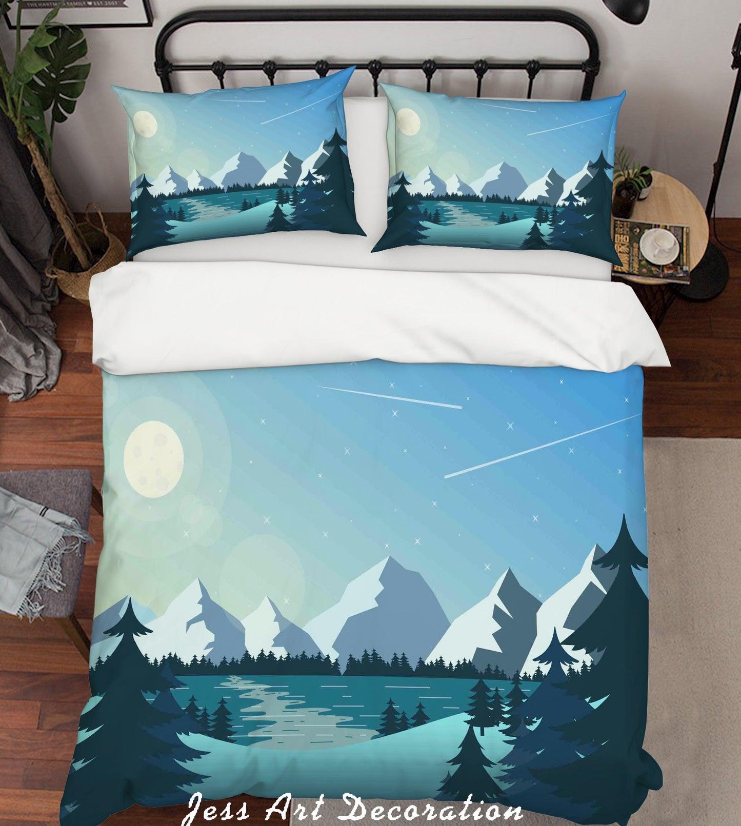 3D Blue Moon Mountains Forest River Meteor Quilt Cover Set Bedding Set Pillowcases 21