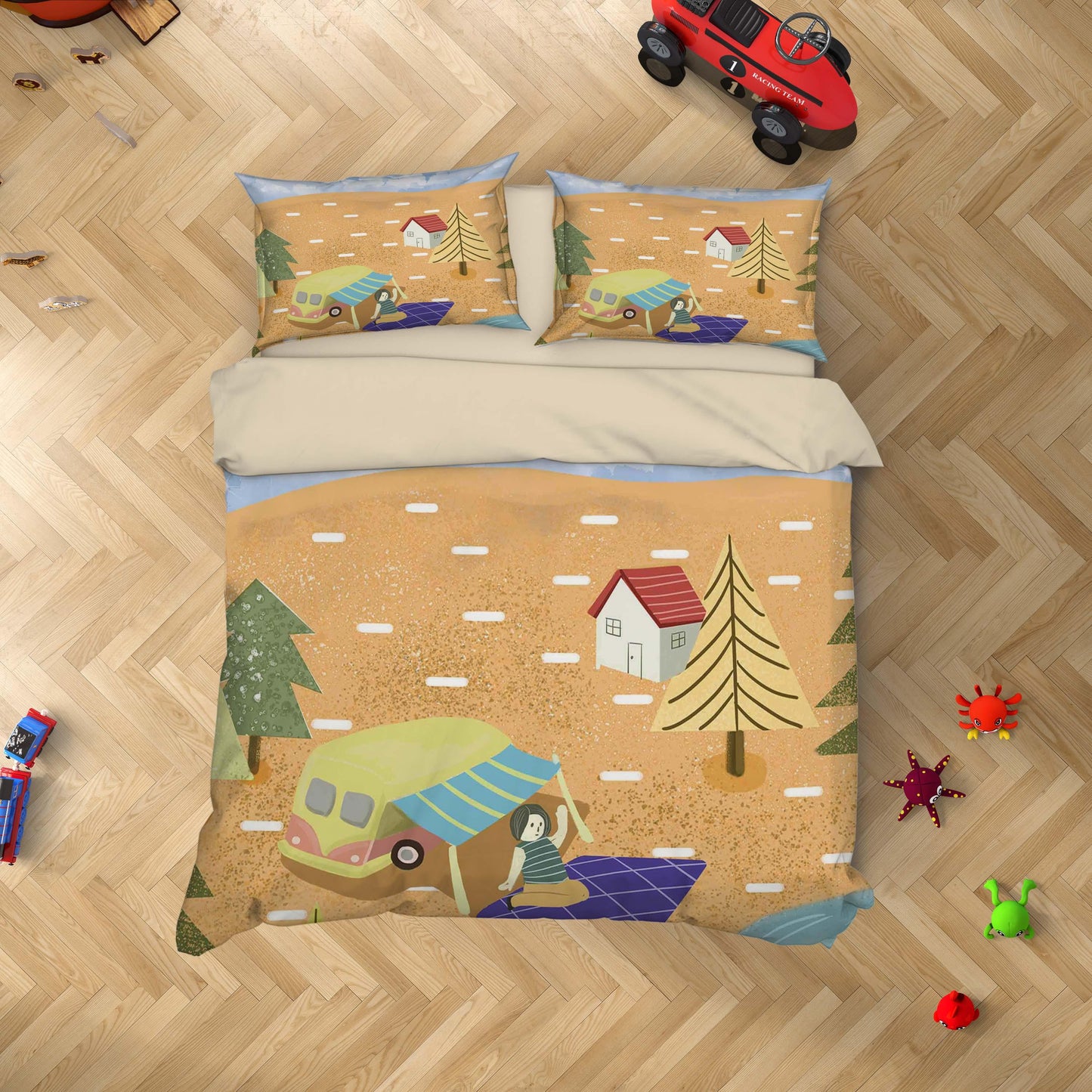 3D Cartoon Beach House Car Picnic Quilt Cover Set Bedding Set Duvet Cover Pillowcases A391 LQH
