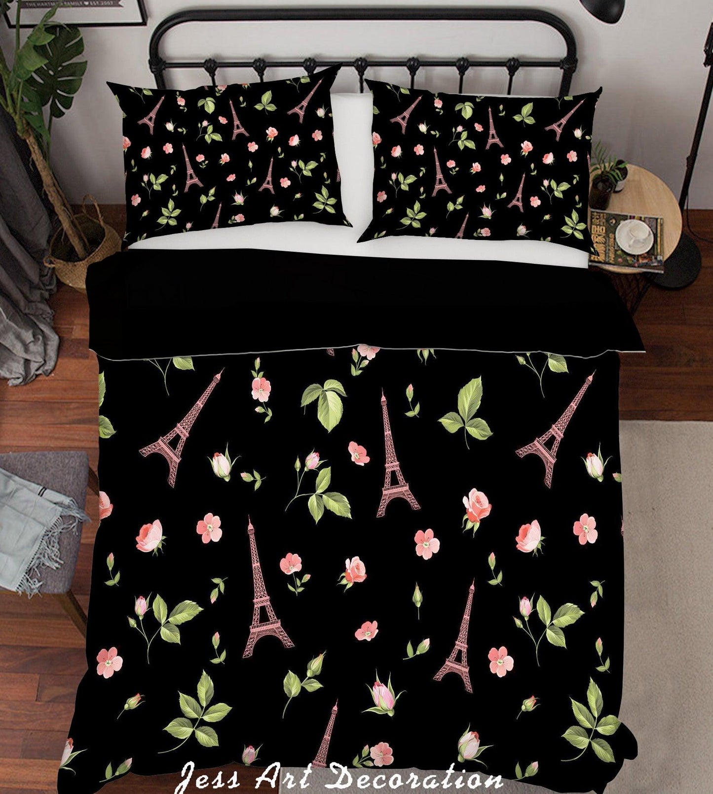 3D Black Eiffel Tower Flower Quilt Cover Set Bedding Set Pillowcases 60