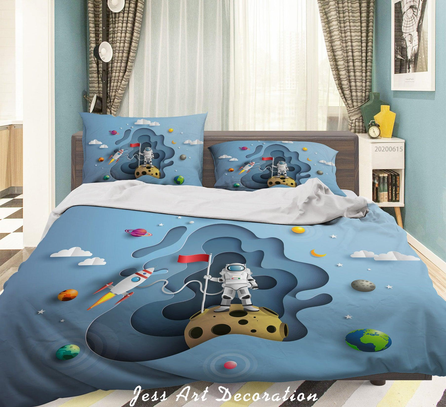 3D Blue Astronaut Planet Rocket Quilt Cover Set Bedding Set Duvet Cover Pillowcases SF06