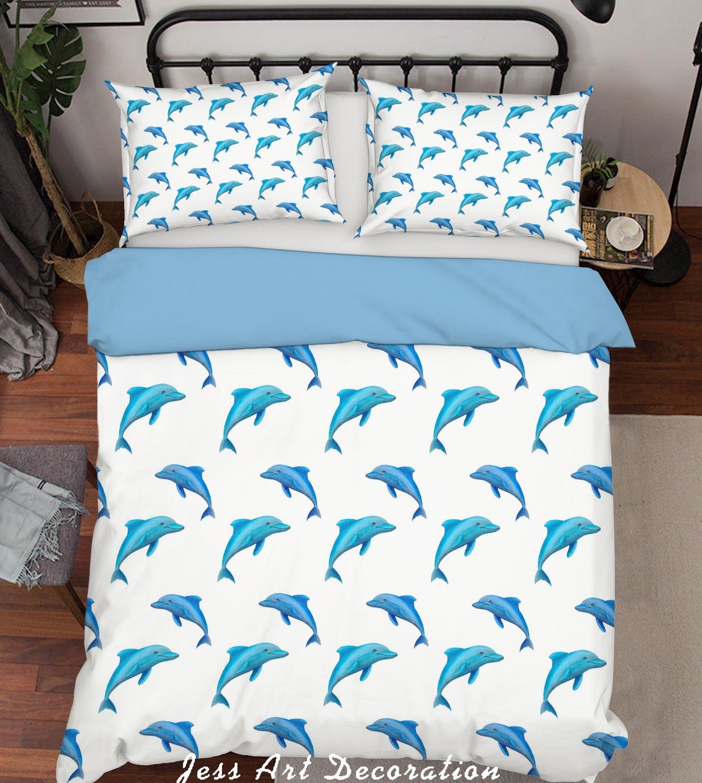 3D Blue Cartoon Dolphin Pattern Quilt Cover Set Bedding Set Pillowcases 384
