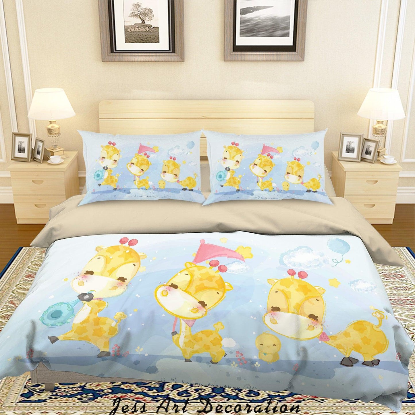 3D Cartoon Giraffe Blue Quilt Cover Set Bedding Set Duvet Cover Pillowcases A336 LQH