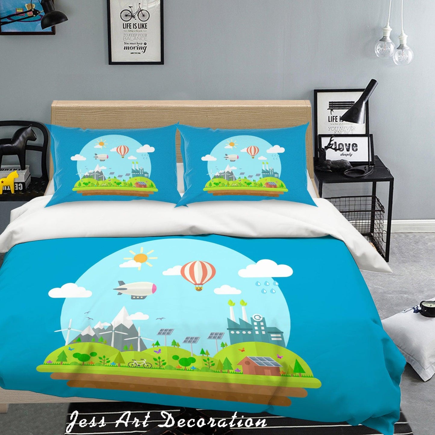 3D Blue Mountains Trees House Bike Aircraft Solar Energy Quilt Cover Set Bedding Set Pillowcases 76