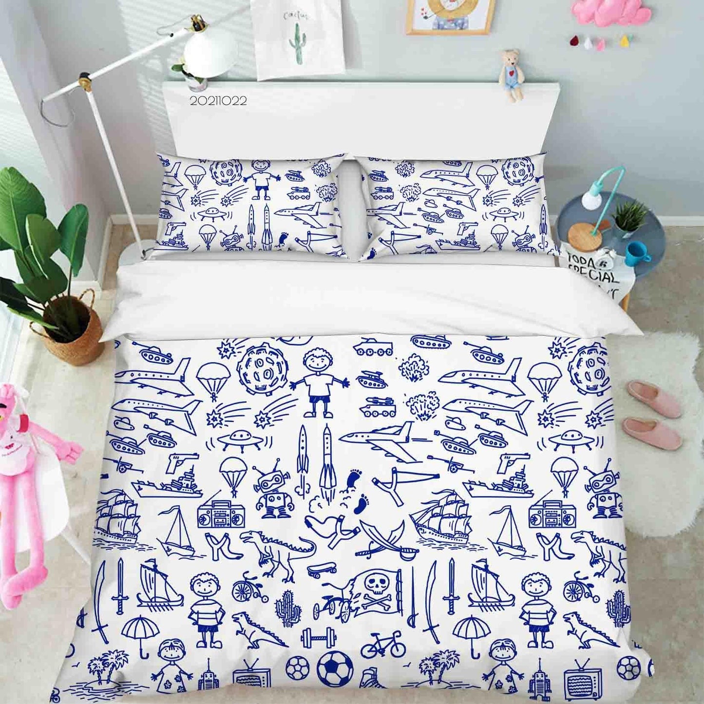 3D Blue Airplane Rocket Graffiti Quilt Cover Set Bedding Set Duvet Cover Pillowcases 66