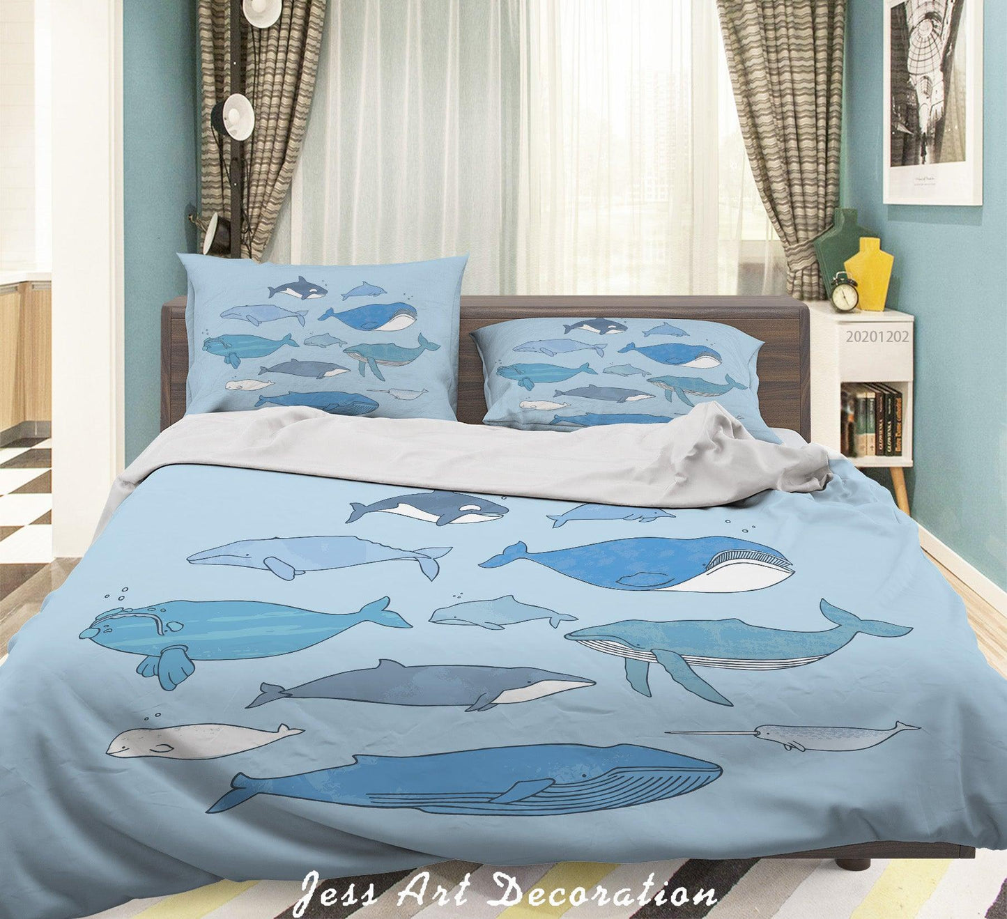 3D Cartoon Blue Ocean Shark Whale Fish Pattern Quilt Cover Set Bedding Set Duvet Cover Pillowcases LXL