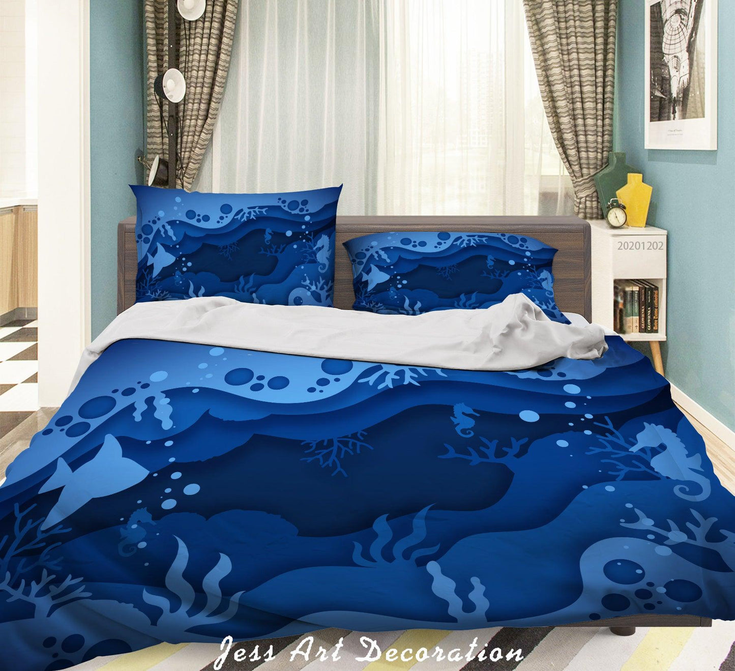 3D Cartoon Hand Drawn Blue Ocean Fish Bubble Seaweed Quilt Cover Set Bedding Set Duvet Cover Pillowcases LXL