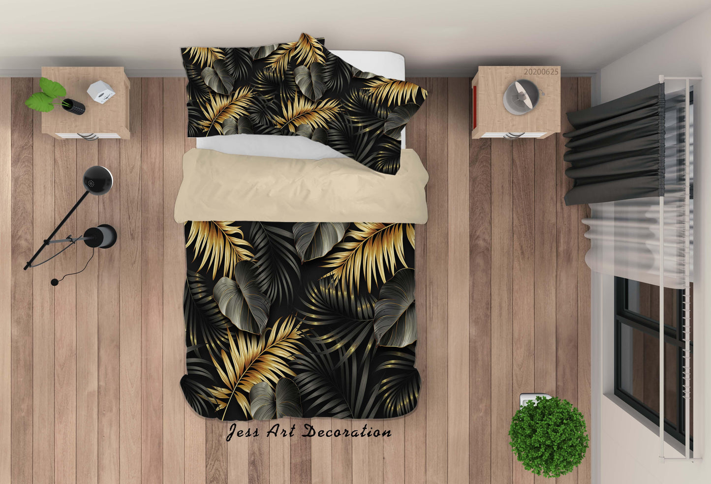 3D Black Golden Leaves Quilt Cover Set Bedding Set Duvet Cover Pillowcases SF84
