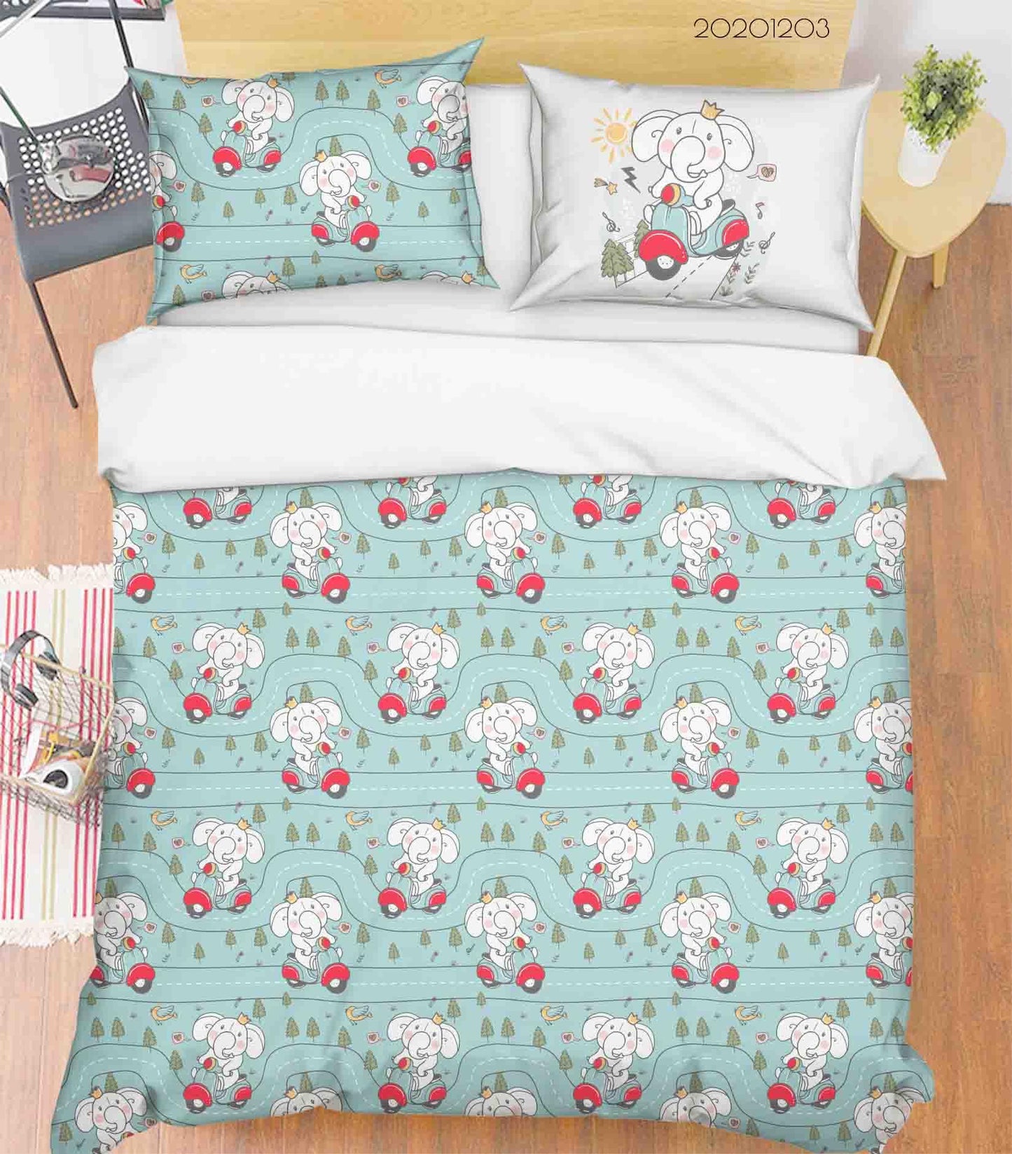 3D Cartoon Hand Drawn Elephant Motorcycle Animal Blue Quilt Cover Set Bedding Set Duvet Cover Pillowcases LXL