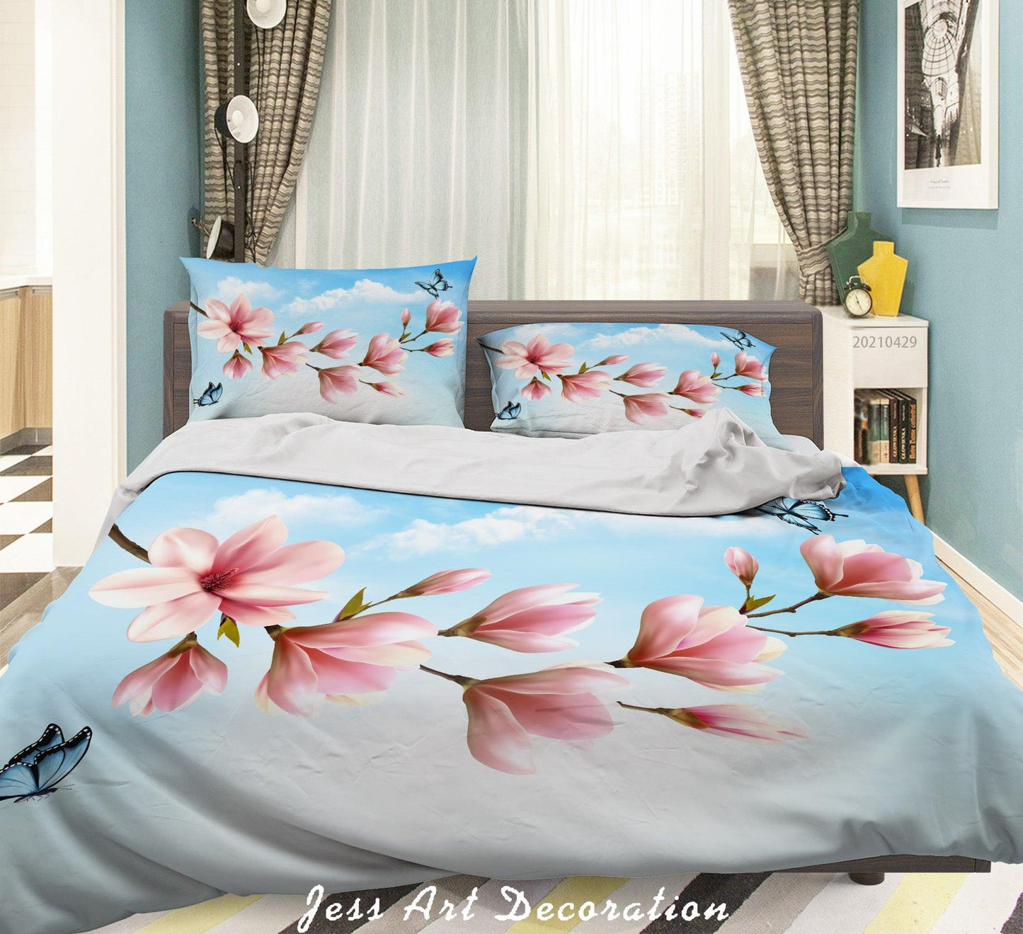 3D Blue Sky Pink Magnolia Flower Quilt Cover Set Bedding Set Duvet Cover Pillowcases 199