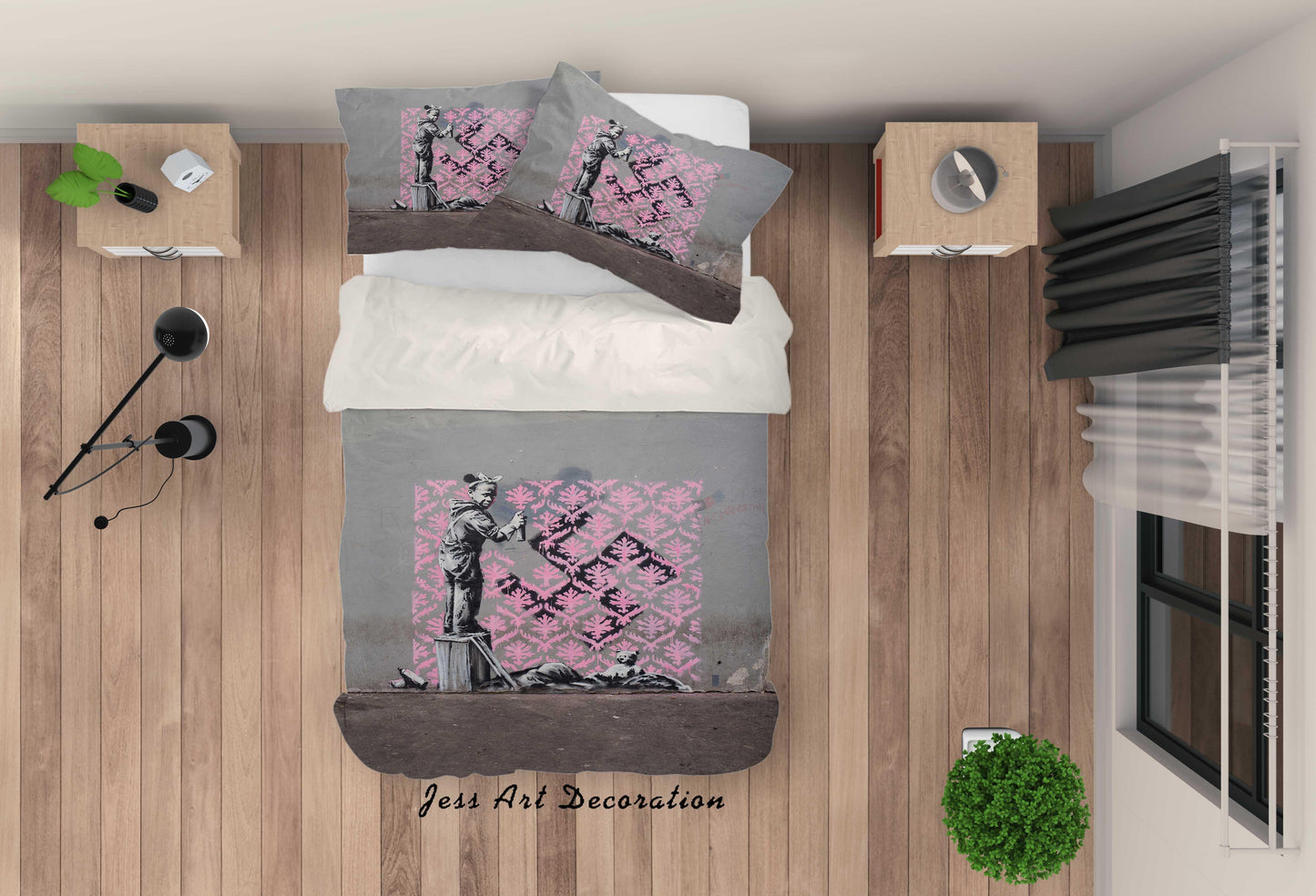 3D Banksy Pink Floral Pattern Boy Quilt Cover Set Bedding Set Duvet Cover Pillowcases  ZY D72