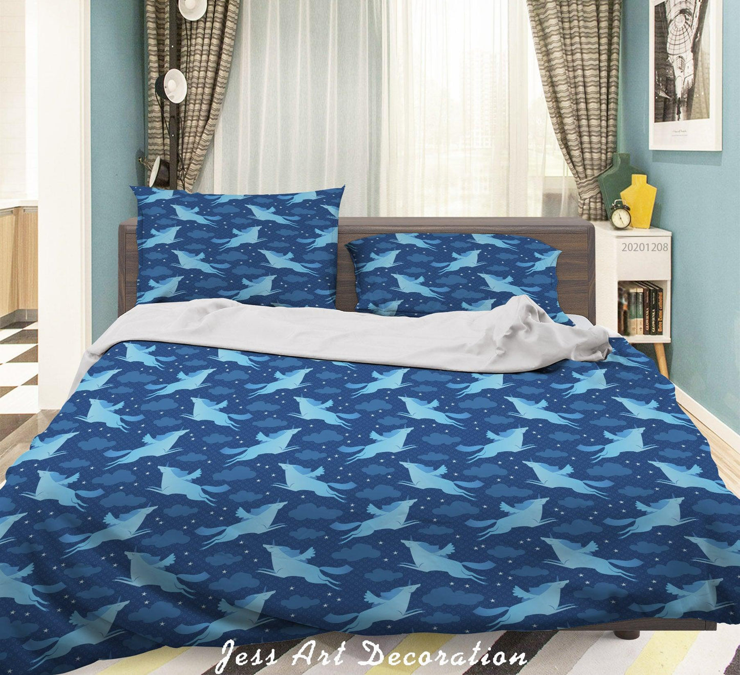 3D Cartoon Blue Unicorn Cloud Pattern Quilt Cover Set Bedding Set Duvet Cover Pillowcases LXL