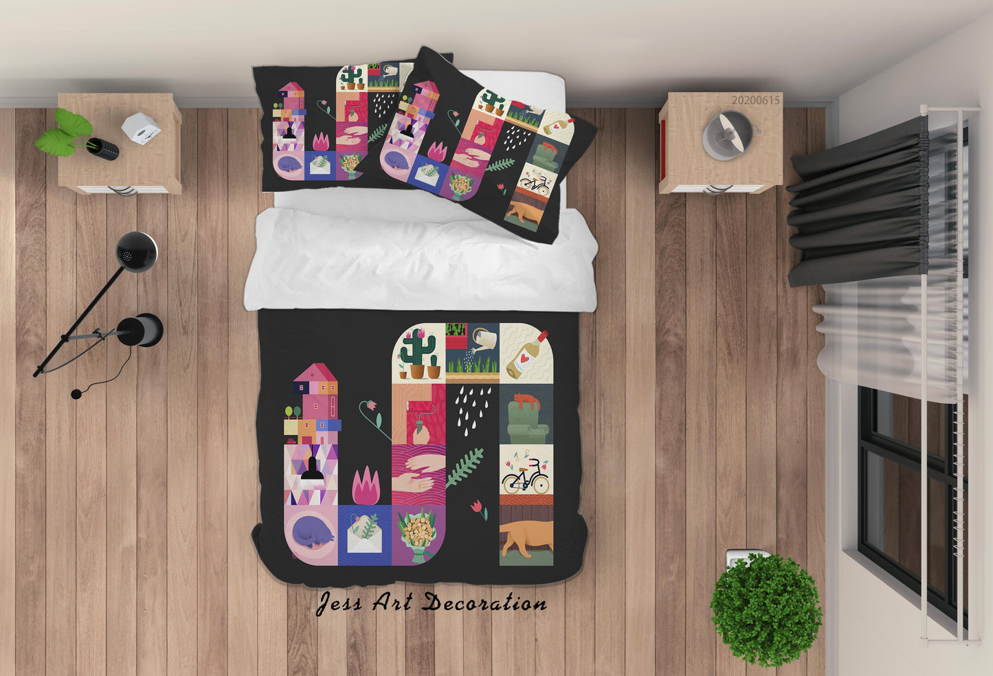 3D Black Cartoon House Cat Flowers Cactus Quilt Cover Set Bedding Set Duvet Cover Pillowcases SF68