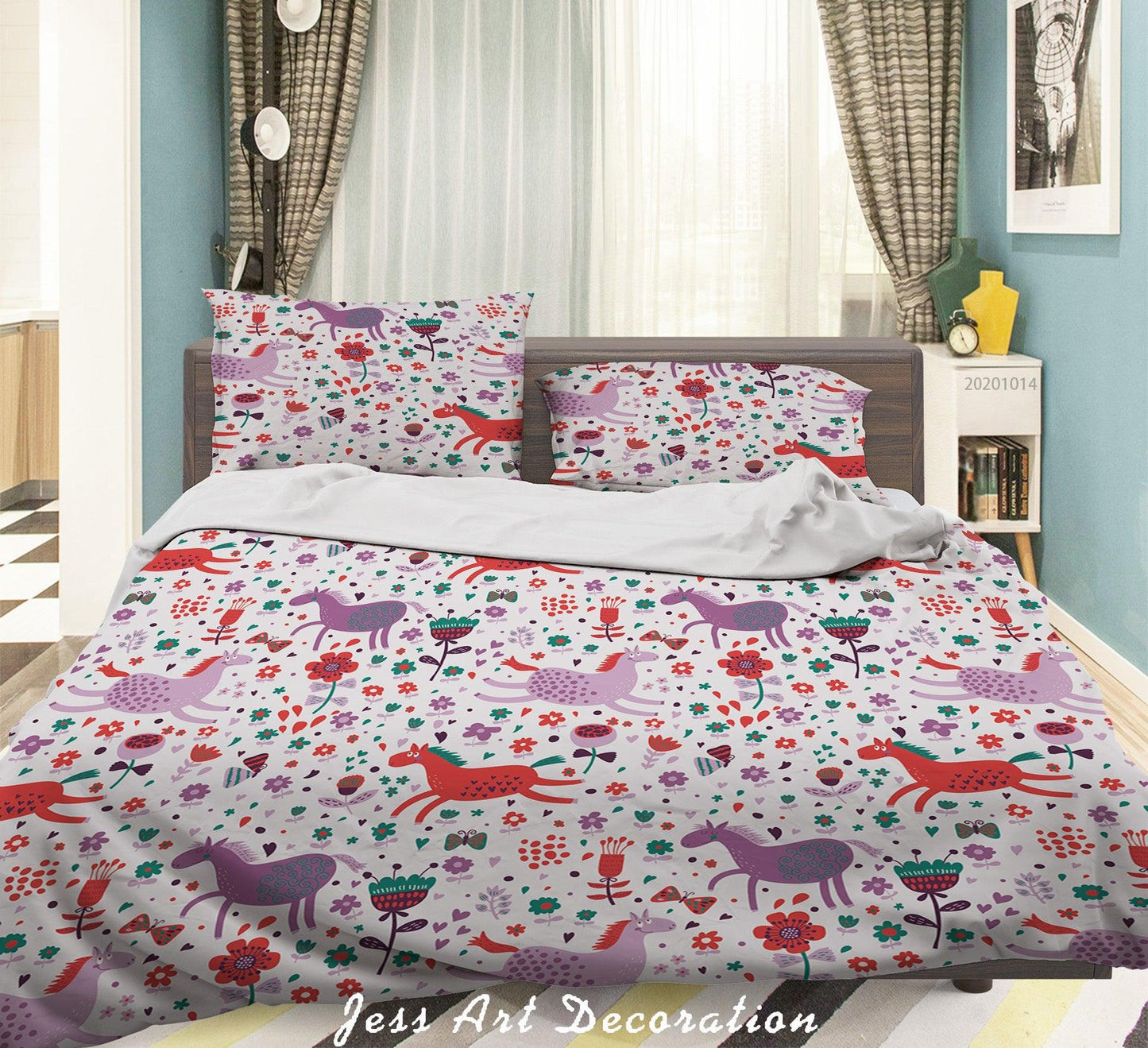 3D Cartoon Animal Horses Flowers Pattern Quilt Cover Set Bedding Set Duvet Cover Pillowcases WJ 9704
