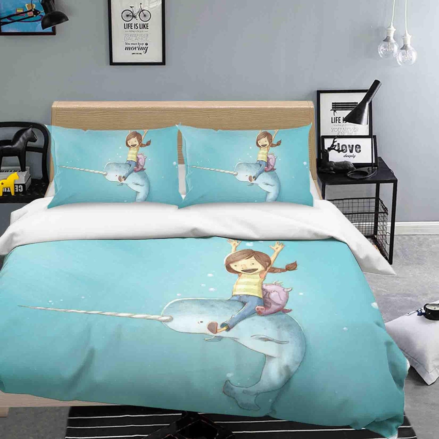 3D Blue Cartoon Whale Girl Quilt Cover Set Bedding Set Duvet Cover Pillowcases SF047