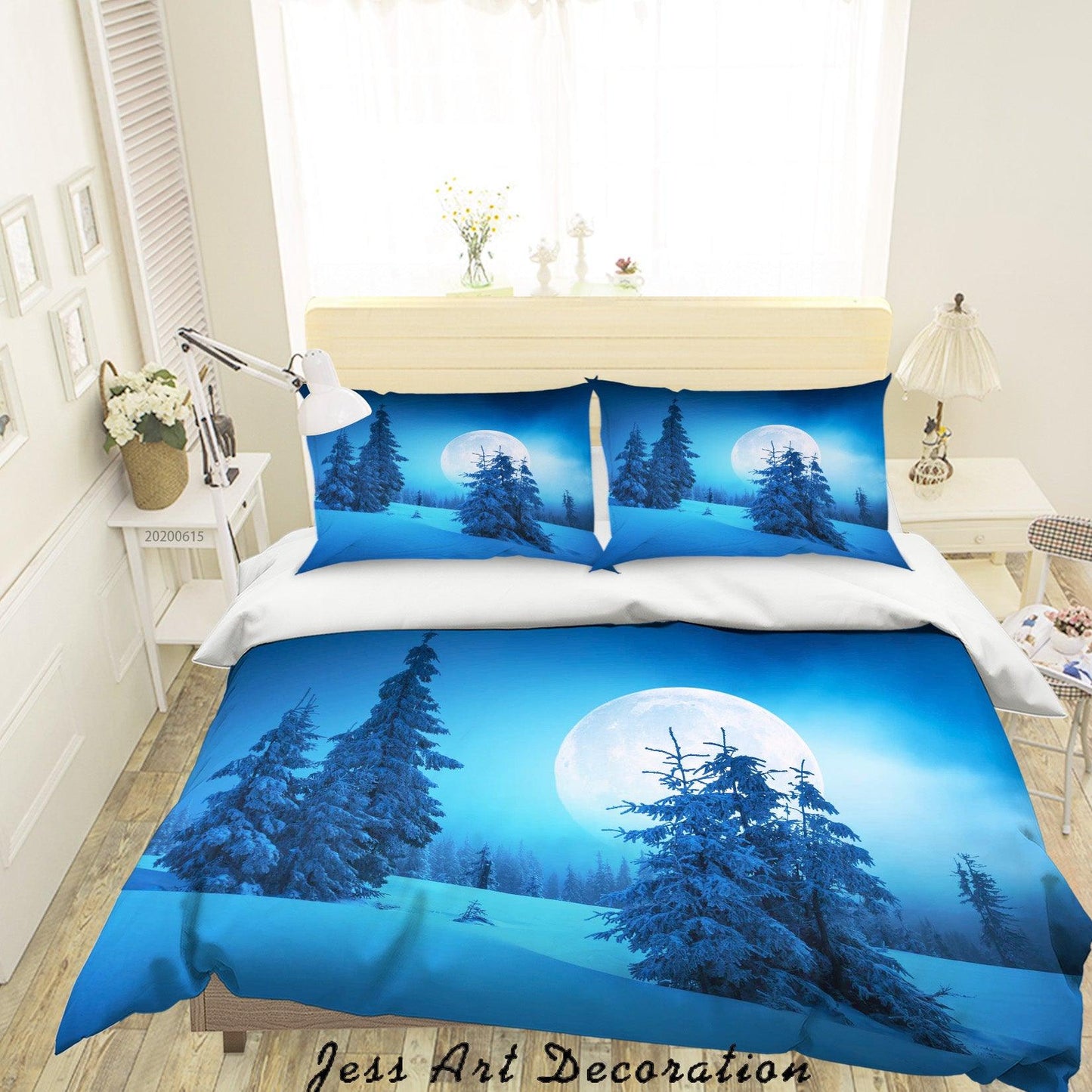 3D Blue Moon Pine Forest Snow Winter Quilt Cover Set Bedding Set Duvet Cover Pillowcases SF112