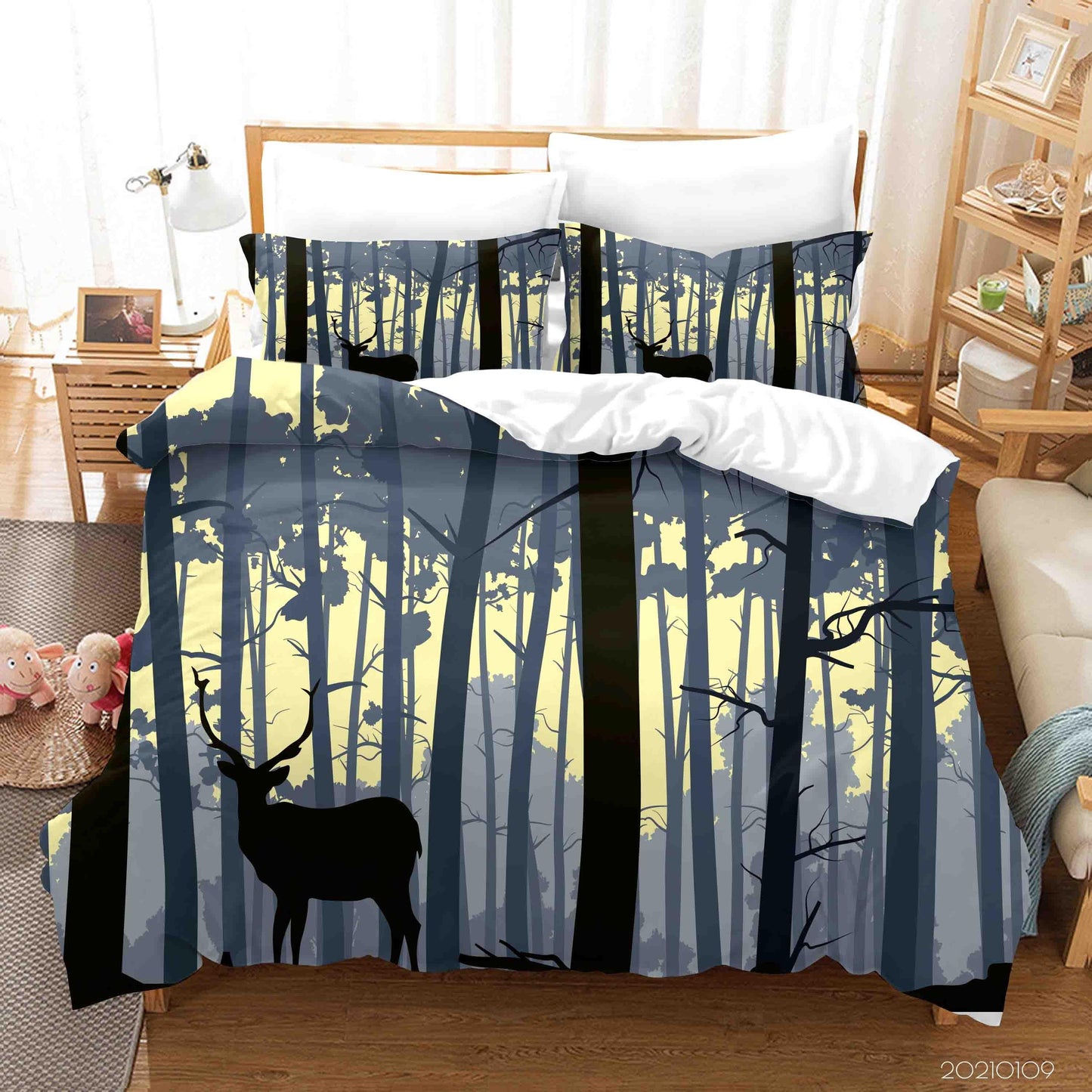3D Cartoon Green Forest Animal Elk Quilt Cover Set Bedding Set Duvet Cover Pillowcases 48 LQH