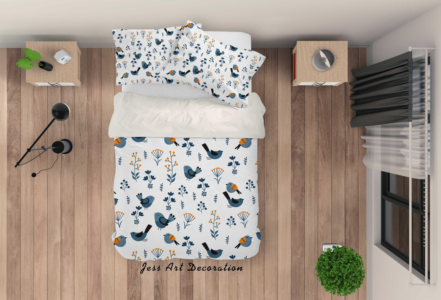 3D Cartoon Blue Bird Leaf Quilt Cover Set Bedding Set Pillowcases 25