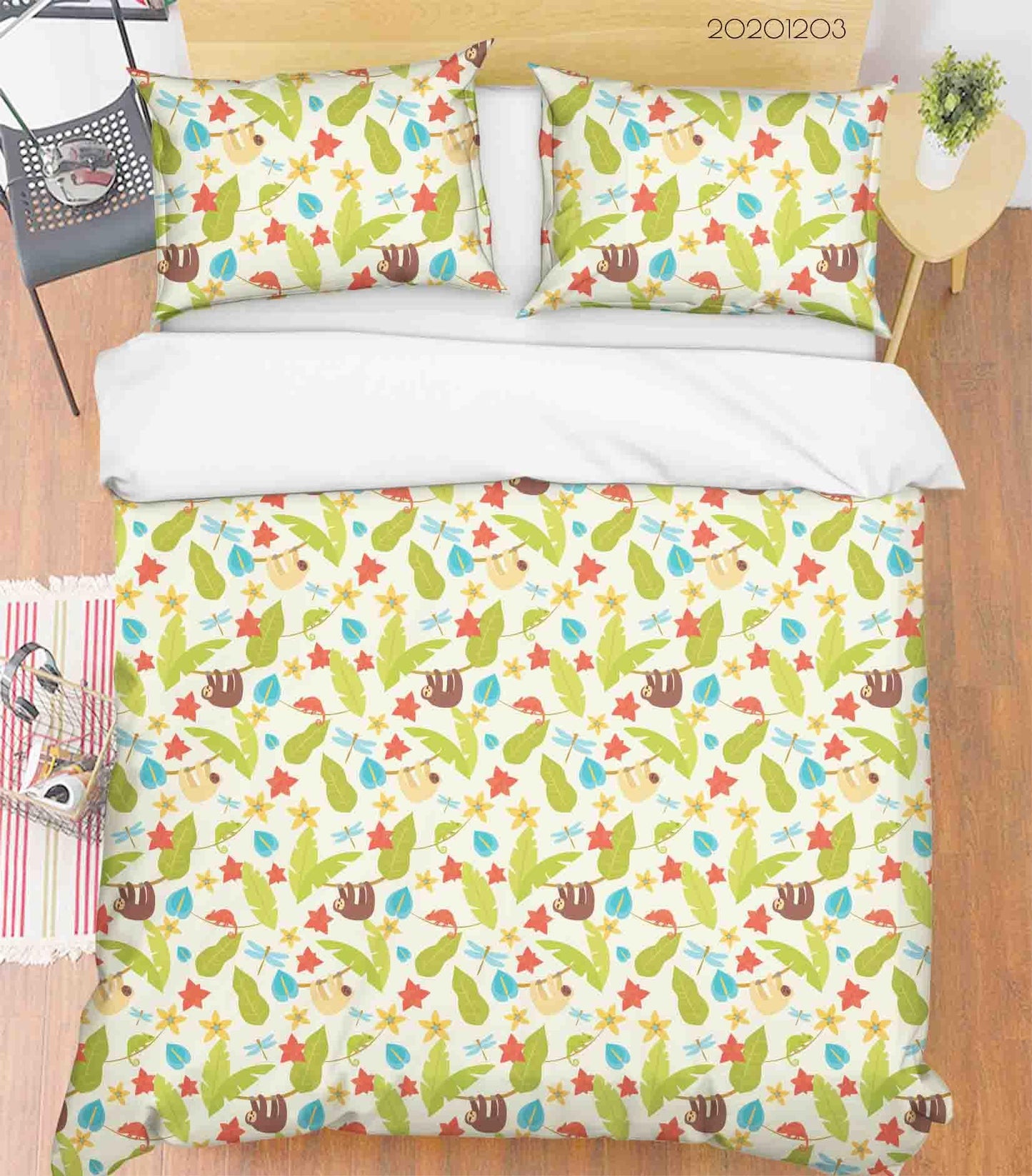 3D Cartoon Hand Drawn Colorful Sloth Animal Green Plant Maple Leaf Pattern Quilt Cover Set Bedding Set Duvet Cover Pillowcases LXL