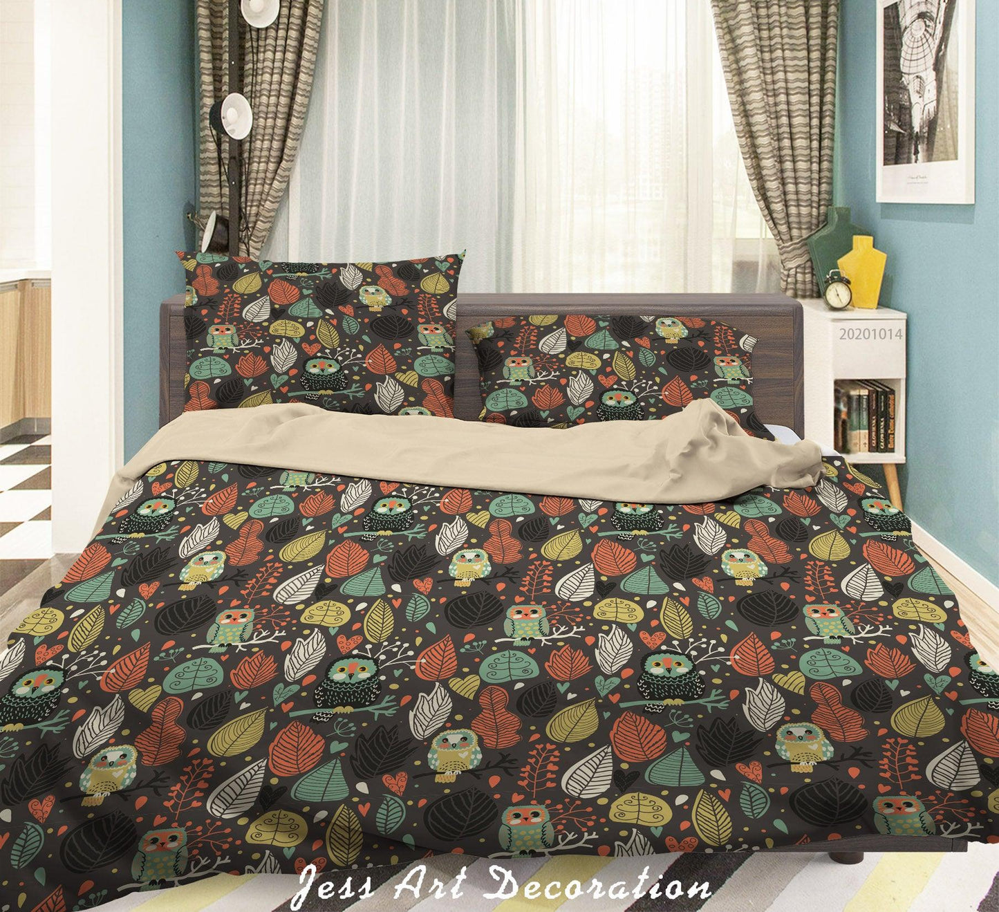 3D Cartoon Animal Leavess Owl Pattern Quilt Cover Set Bedding Set Duvet Cover Pillowcases WJ 9705