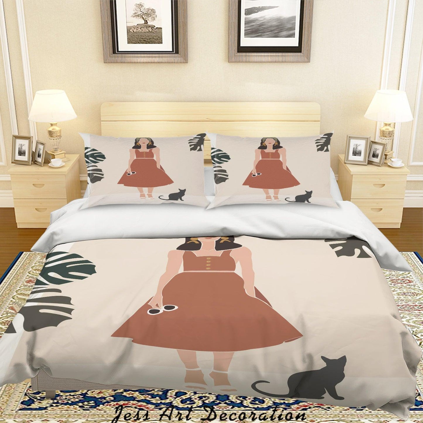 3D Beaauty Female Leaves Cat Quilt Cover Set Bedding Set Duvet Cover Pillowcases SF08
