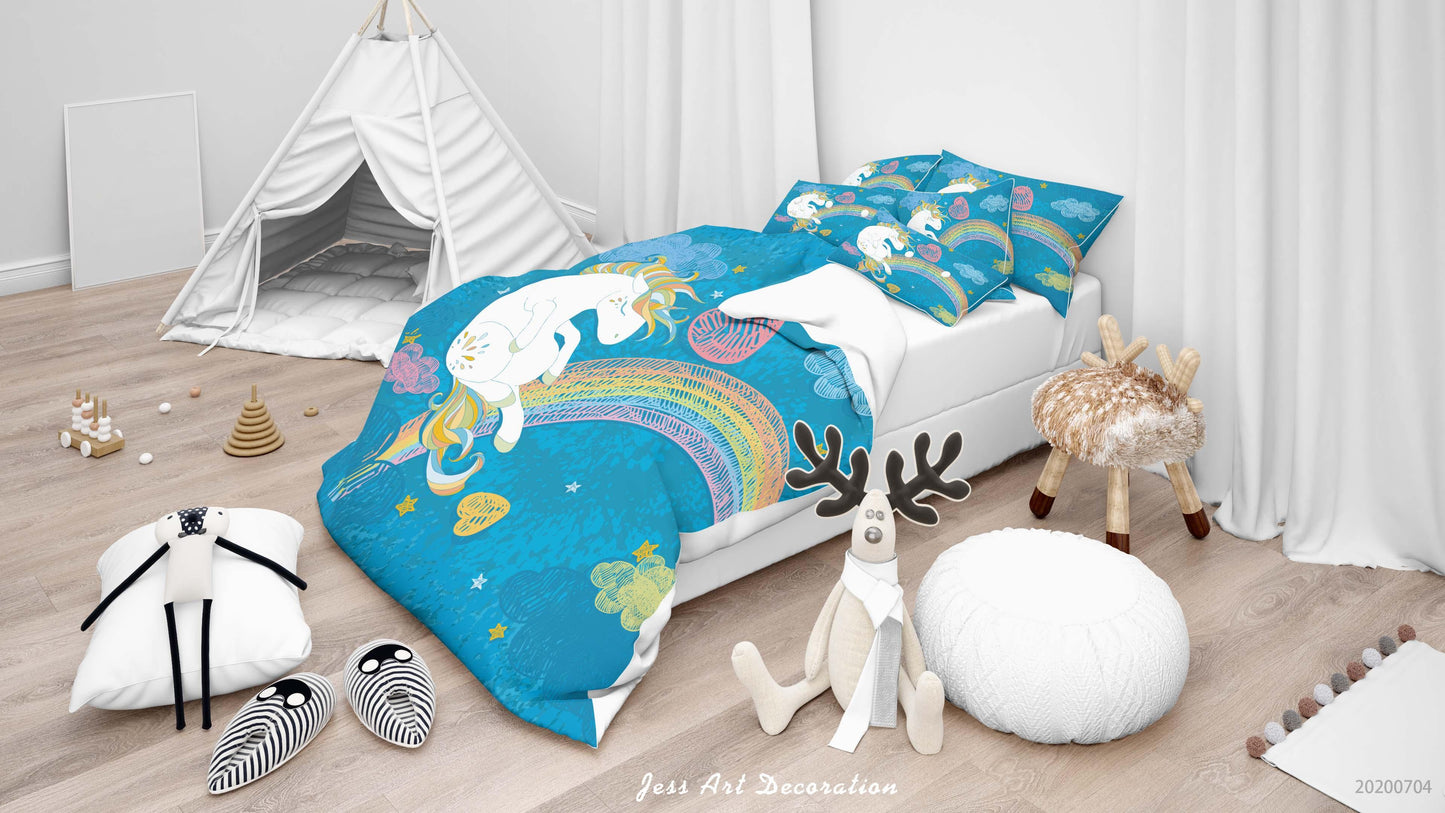 3D Blue Rainbow Heart Unicorn Quilt Cover Set Bedding Set Duvet Cover Pillowcases SF11