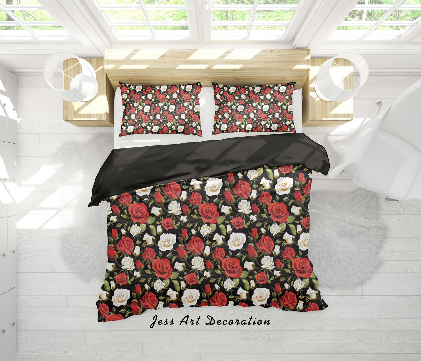3D Black Red Rose Flowers Quilt Cover Set Bedding Set Duvet Cover Pillowcases SF94