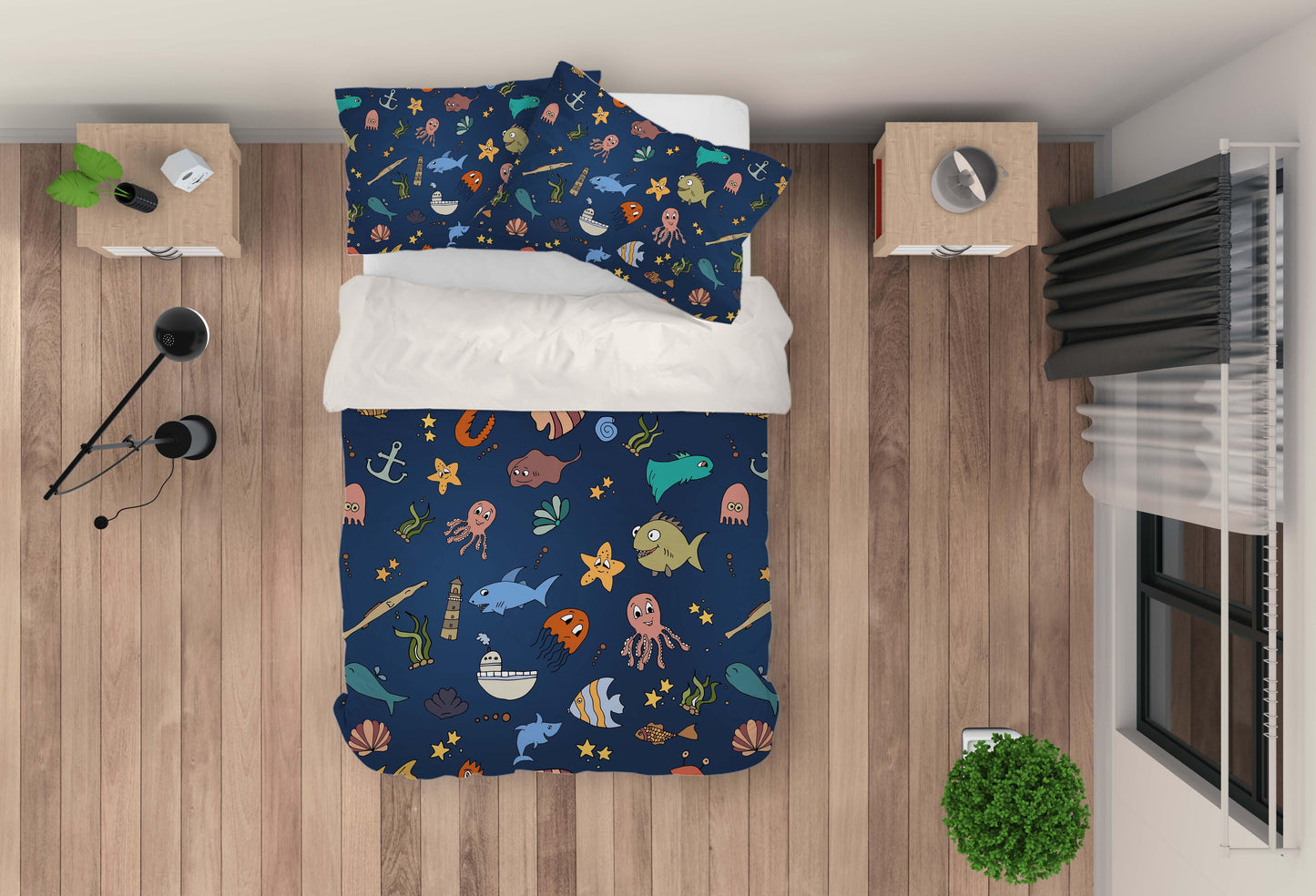 3D Cartoon Octopus Starfish Blue Quilt Cover Set Bedding Set Pillowcases 82