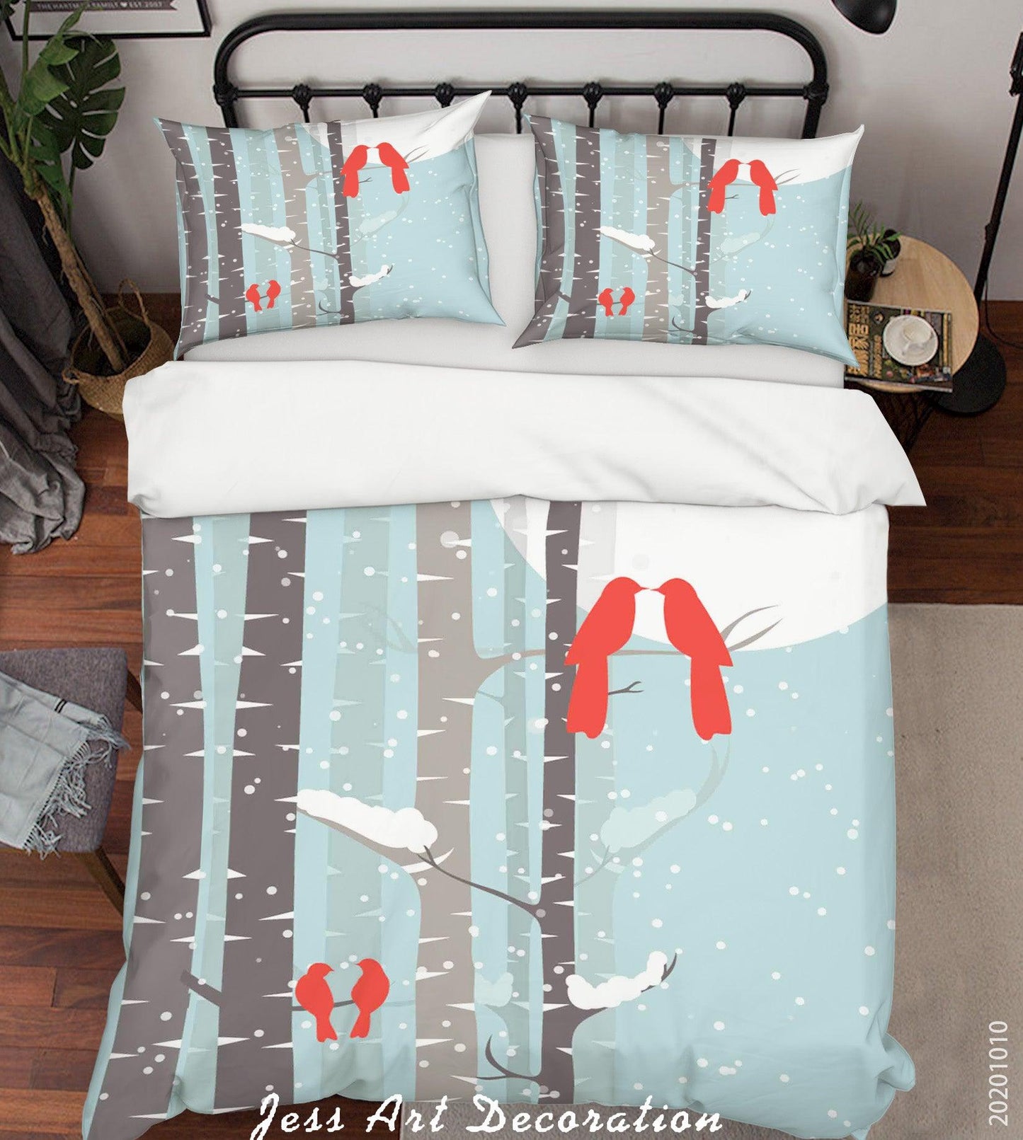 3D Cartoon Animal Winter Birds Couple Quilt Cover Set Bedding Set Duvet Cover Pillowcases WJ 9585