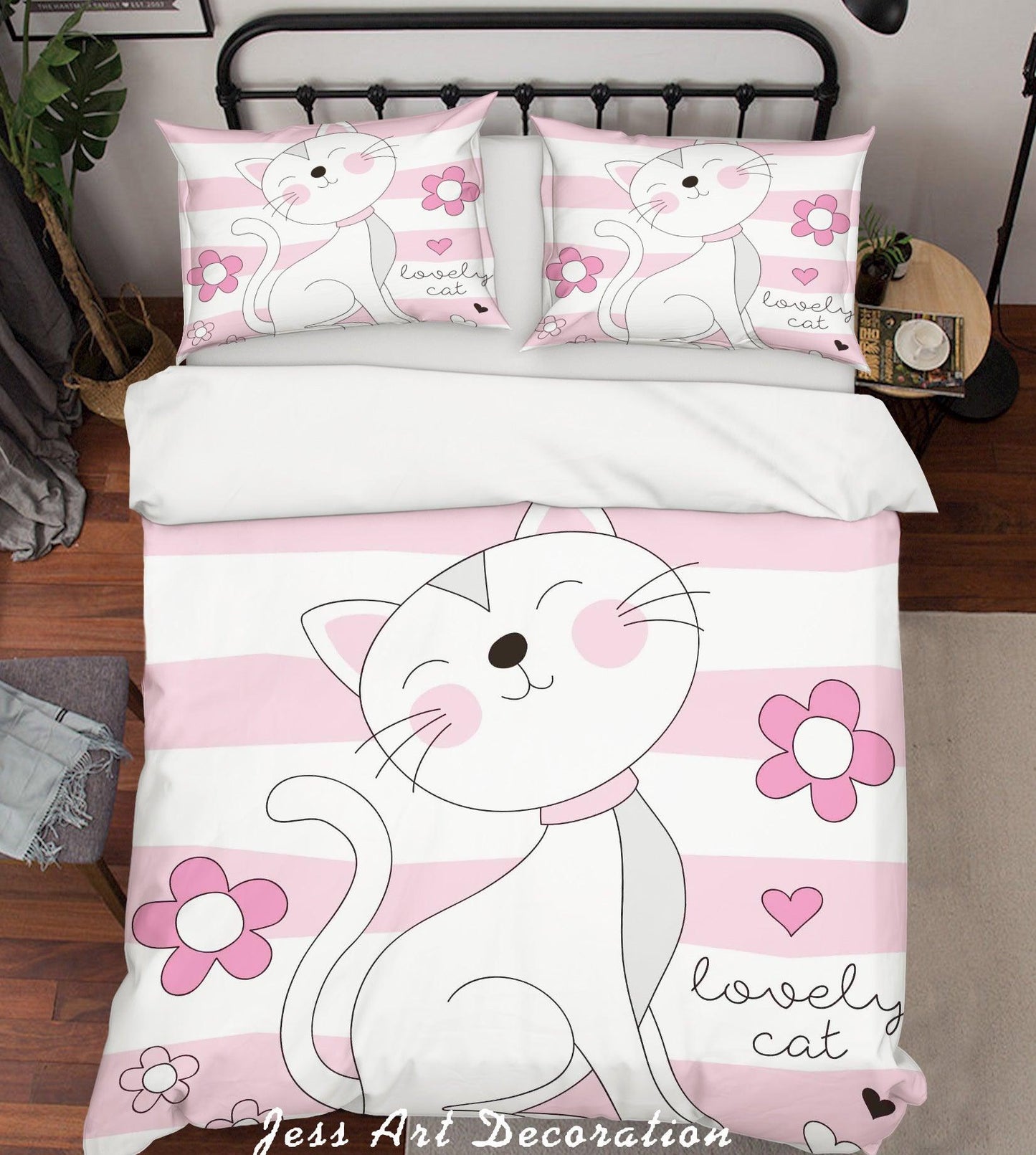 3D Cartoon Cat Pink Quilt Cover Set Bedding Set Pillowcases 177