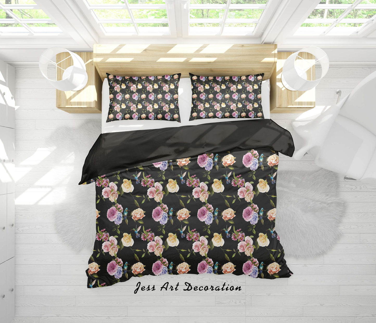 3D Black Hummingbird Flowers Quilt Cover Set Bedding Set Duvet Cover Pillowcases SF02
