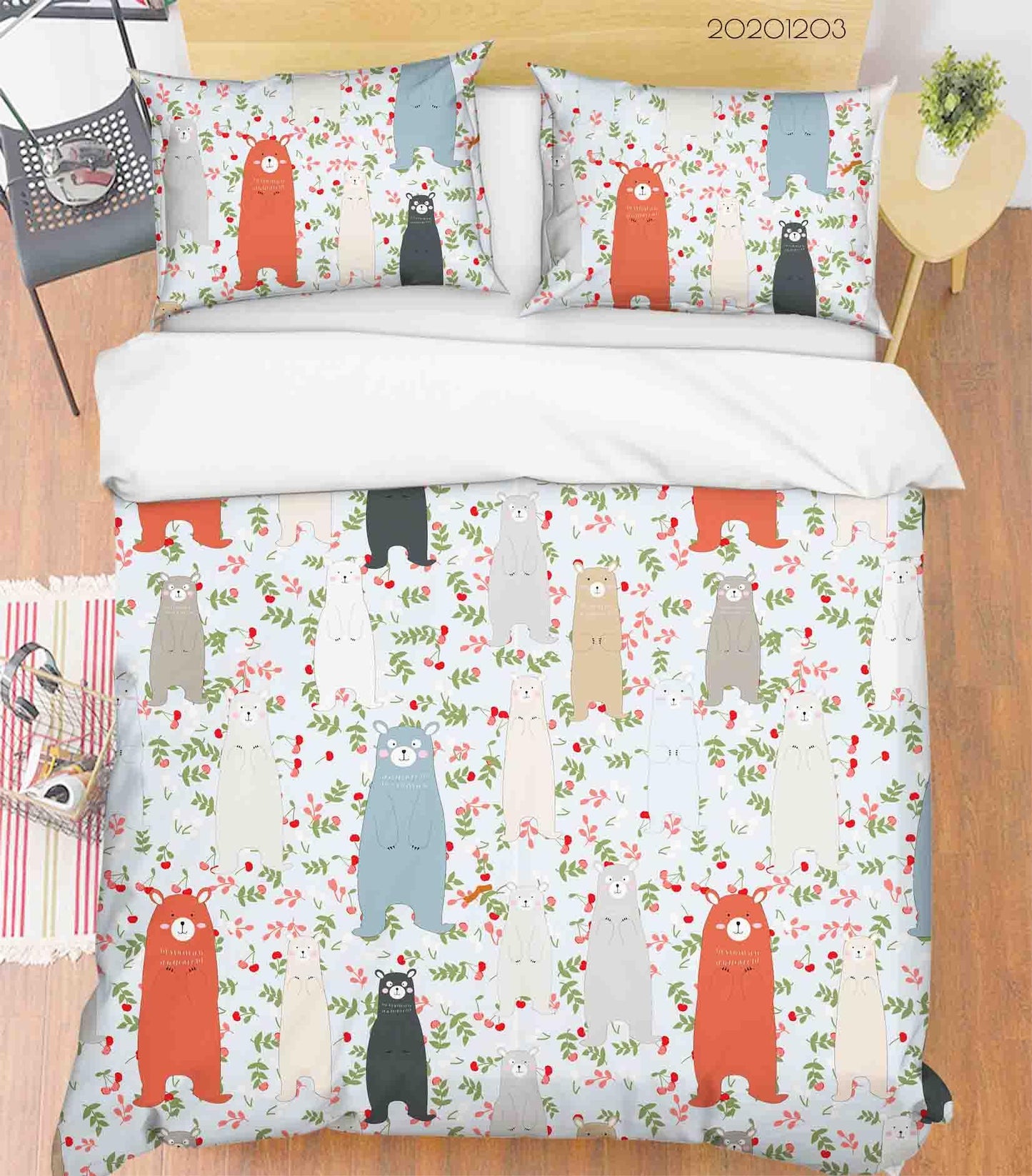 3D Cartoon Hand Drawn Colorful Bear Animal Floral Plant Pattern Quilt Cover Set Bedding Set Duvet Cover Pillowcases LXL