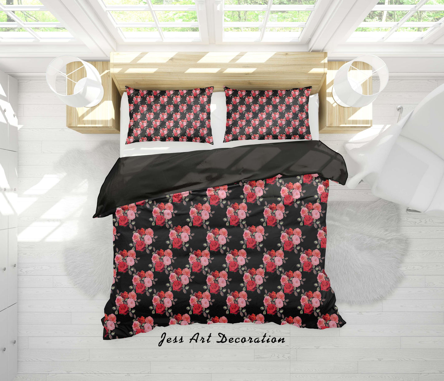 3D Black Red Floral Quilt Cover Set Bedding Set Duvet Cover Pillowcases SF85