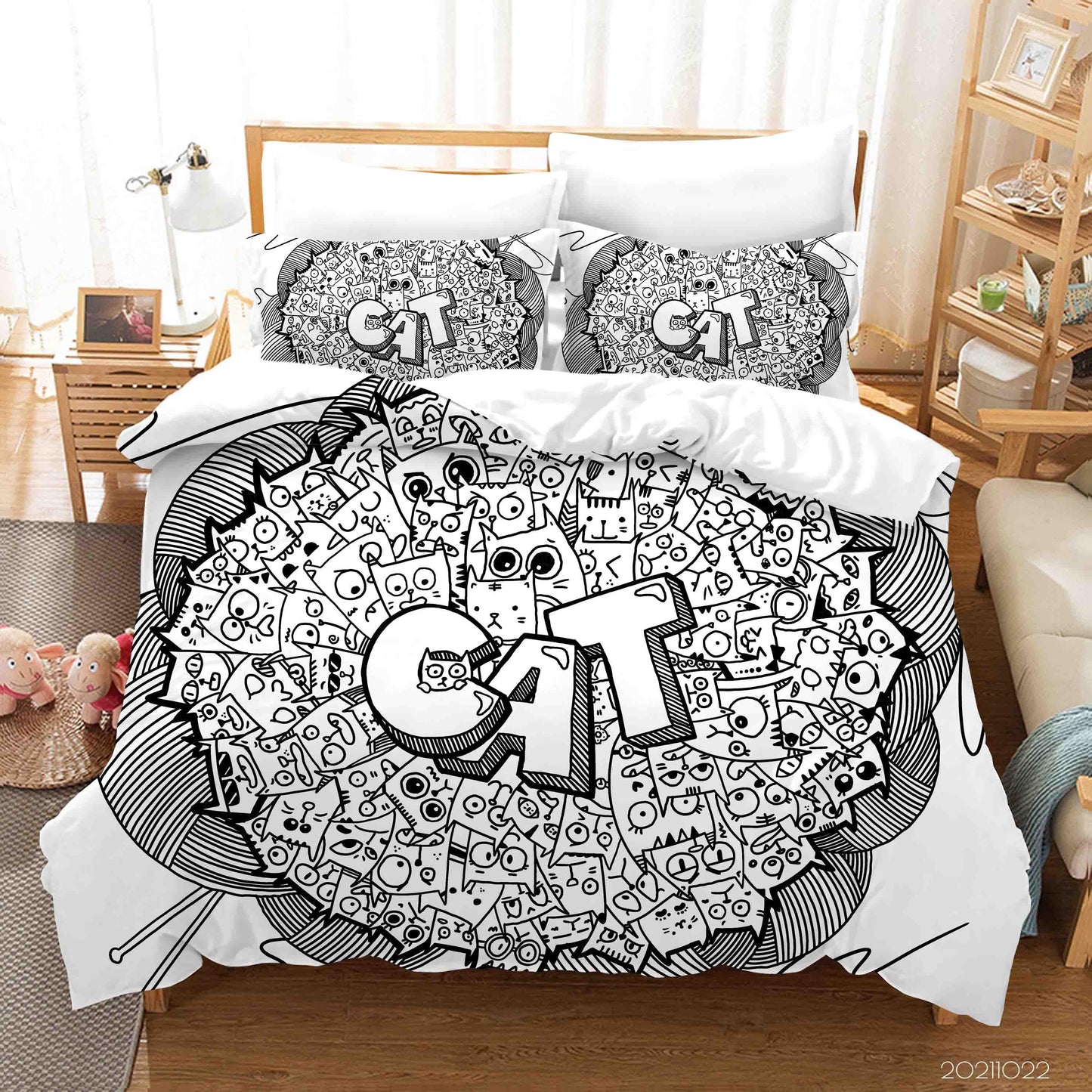 3D Cartoon Animal Cat Doodle Quilt Cover Set Bedding Set Duvet Cover Pillowcases 70
