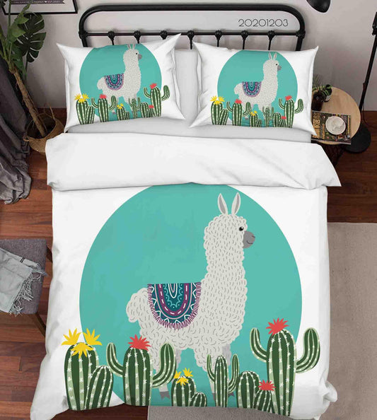 3D Cartoon Hand Drawn Alpaca Animal Green Plant Cactus Quilt Cover Set Bedding Set Duvet Cover Pillowcases LXL