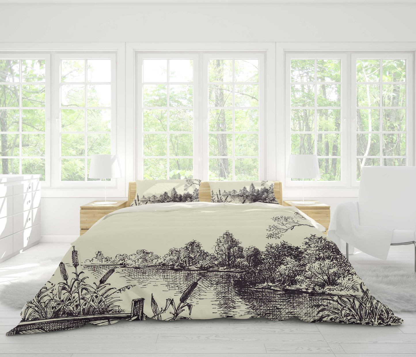 3D Black Sketch River Tree Quilt Cover Set Bedding Set Pillowcases 60