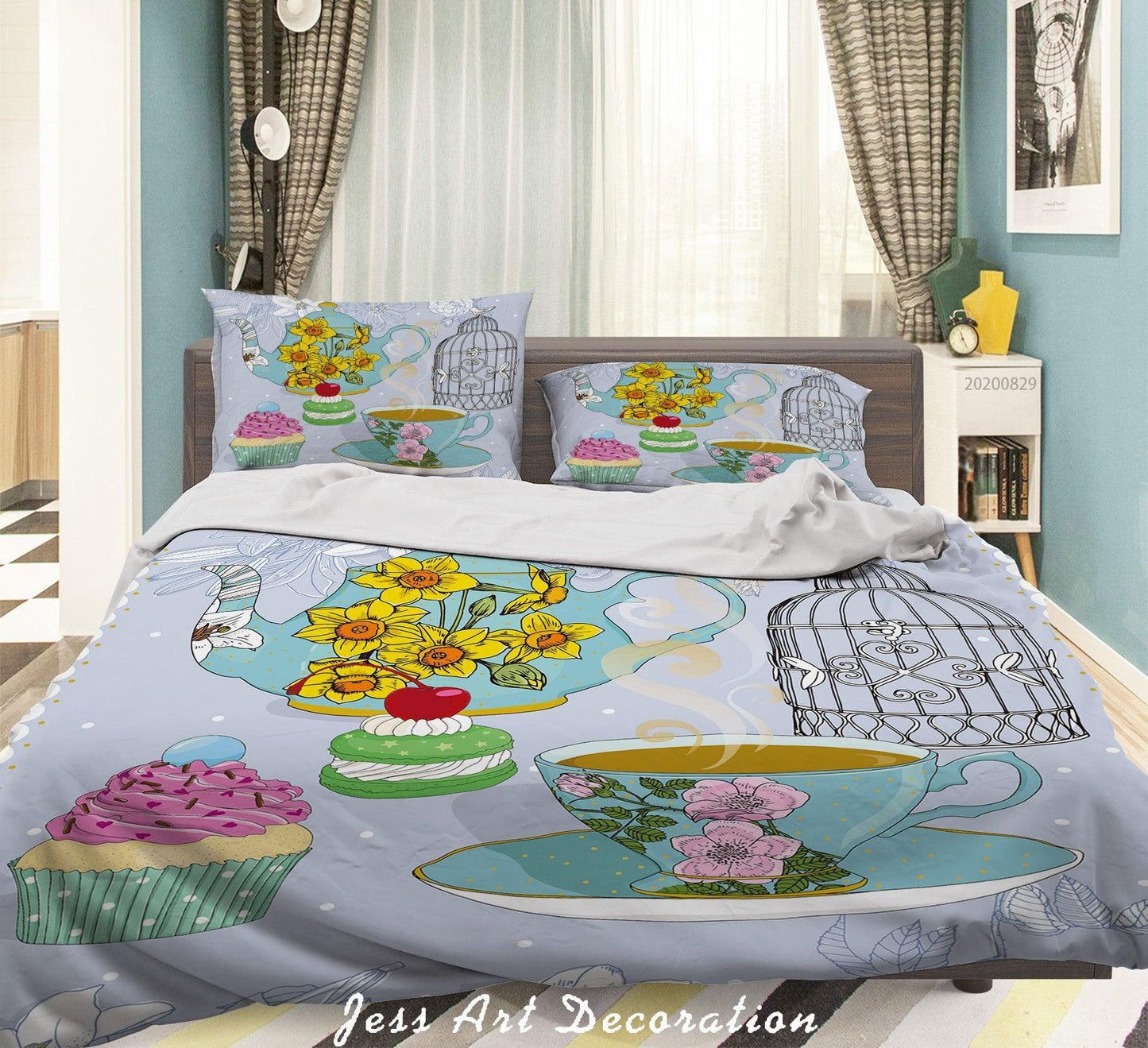 3D Abstract Hand Draw Cartoon Teacup Floral Pattern Quilt Cover Set Bedding Set Duvet Cover Pillowcases WJ 3593