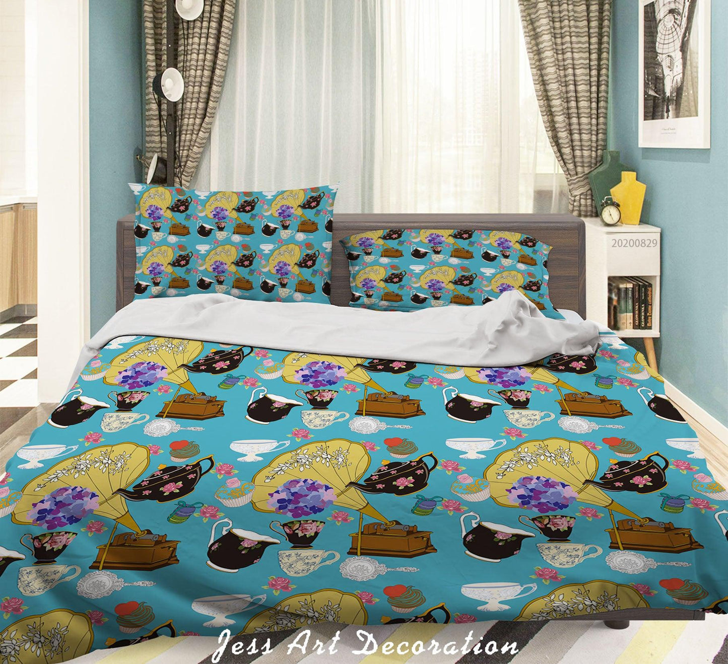 3D Abstract Hand Draw Cartoon Teacup Dessert Pattern Quilt Cover Set Bedding Set Duvet Cover Pillowcases WJ 3570