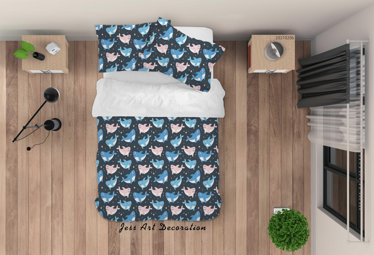 3D Cartoon of Blue Whale Quilt Cover Set Bedding Set Duvet Cover Pillowcases 236