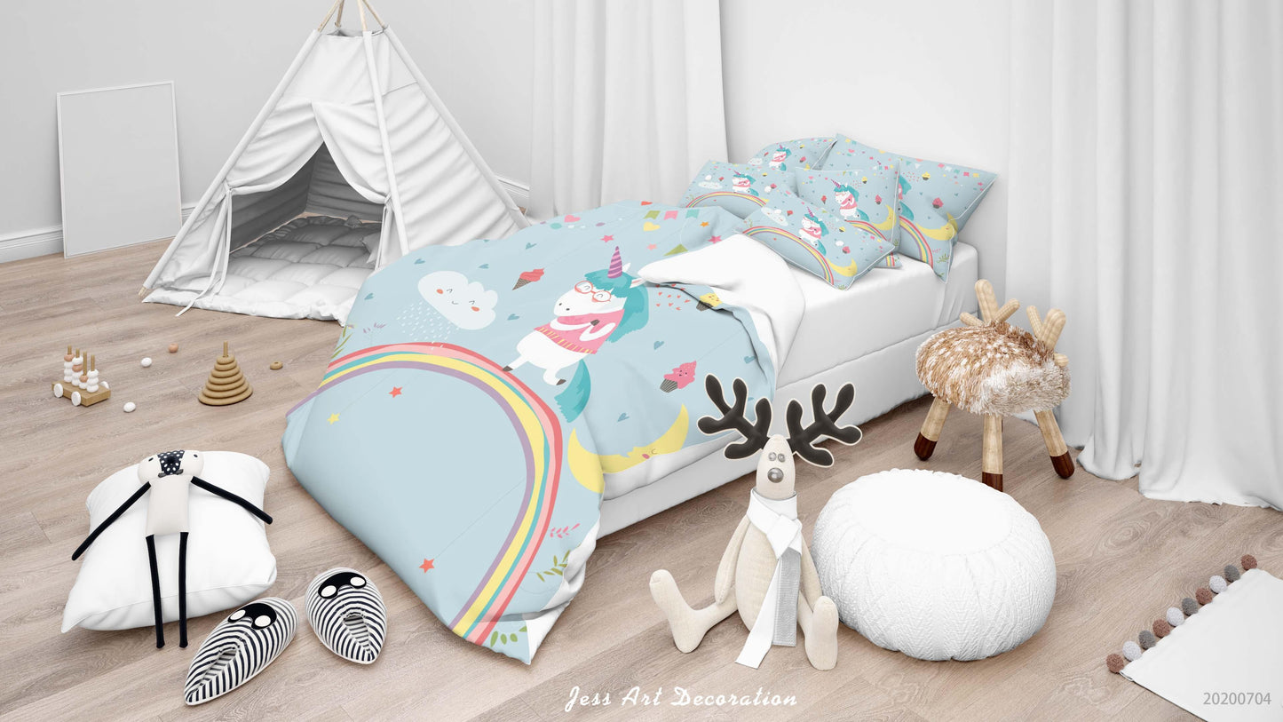 3D Blue Ice Cream Unicorn Rainbow Moon Quilt Cover Set Bedding Set Duvet Cover Pillowcases SF80