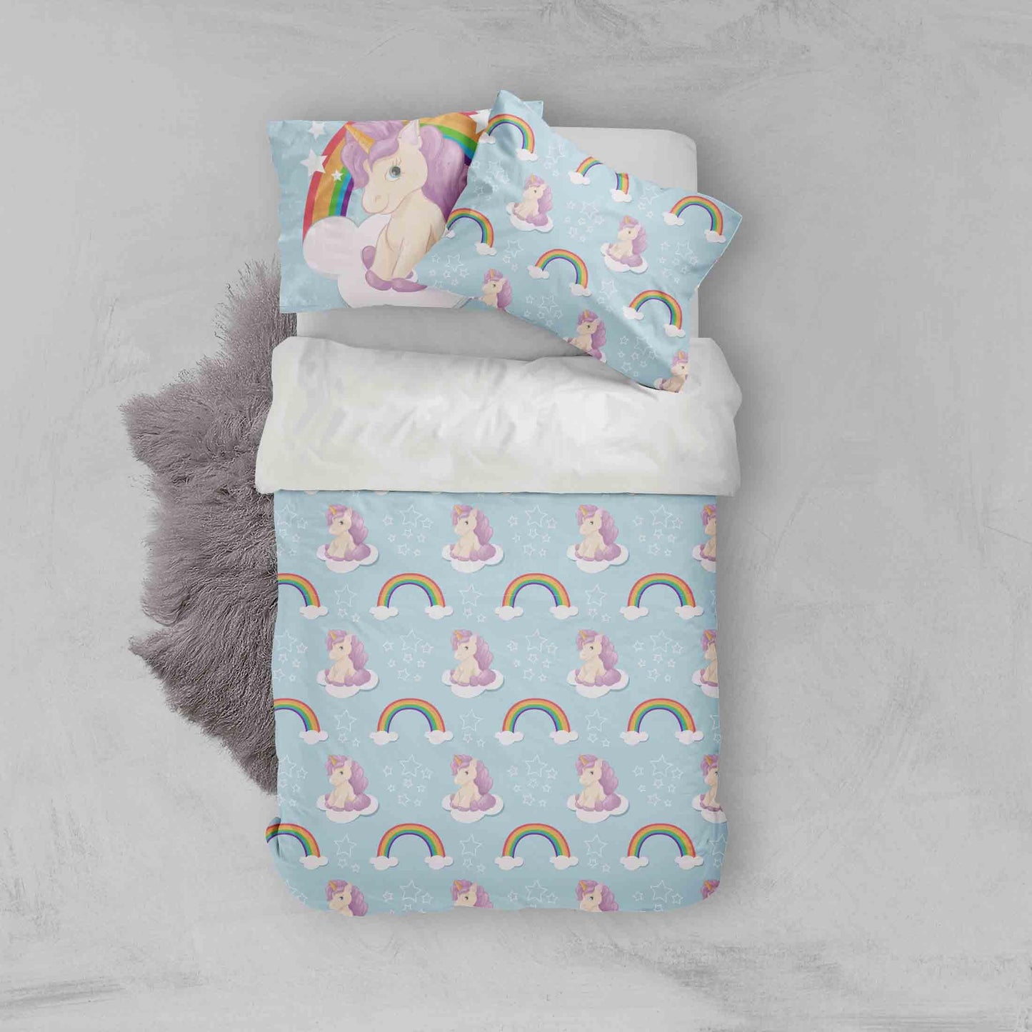3D Cartoon Blue Unicorn Rainbow Quilt Cover Set Bedding Set Pillowcases 114