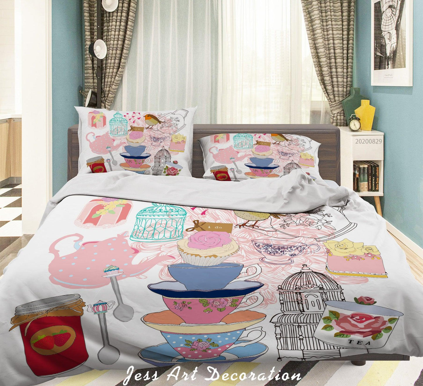 3D Abstract Hand Draw Cartoon Teacup Teapot Dessert Pattern Quilt Cover Set Bedding Set Duvet Cover Pillowcases WJ 3571
