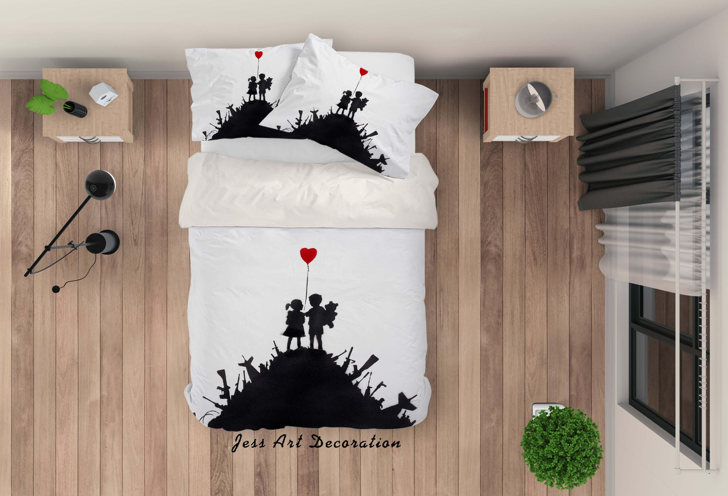 3D Black Banksy Kids Guns Red Heart Quilt Cover Set Bedding Set Duvet Cover Pillowcases  ZY D34